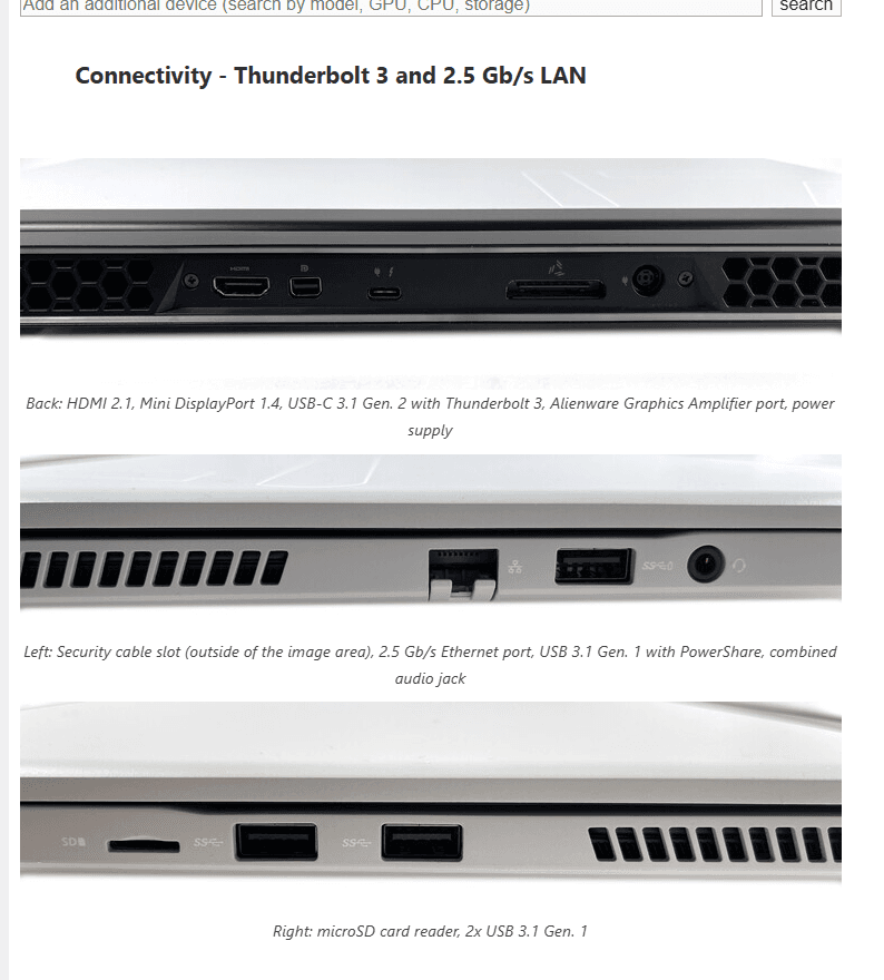 A NotebookCheck review page listing a laptop's back, left, and right port connectivity with labelled photos