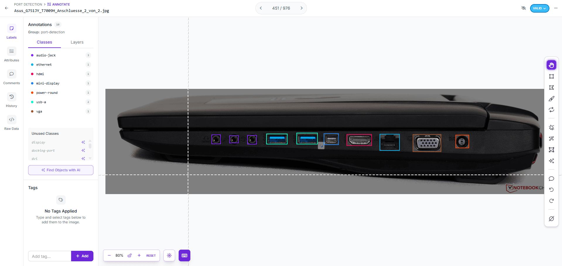 Roboflow annotation view showing a laptop side profile with bounding boxes labelled audio-jack, ethernet, hdmi, mini-display, power-round, usb-a, and vga