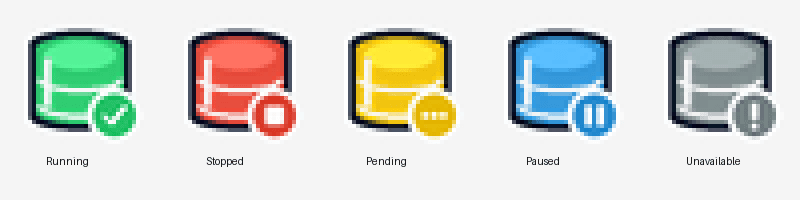 The five MySQL Tray Controller status icons: running, stopped, pending, paused, and unavailable