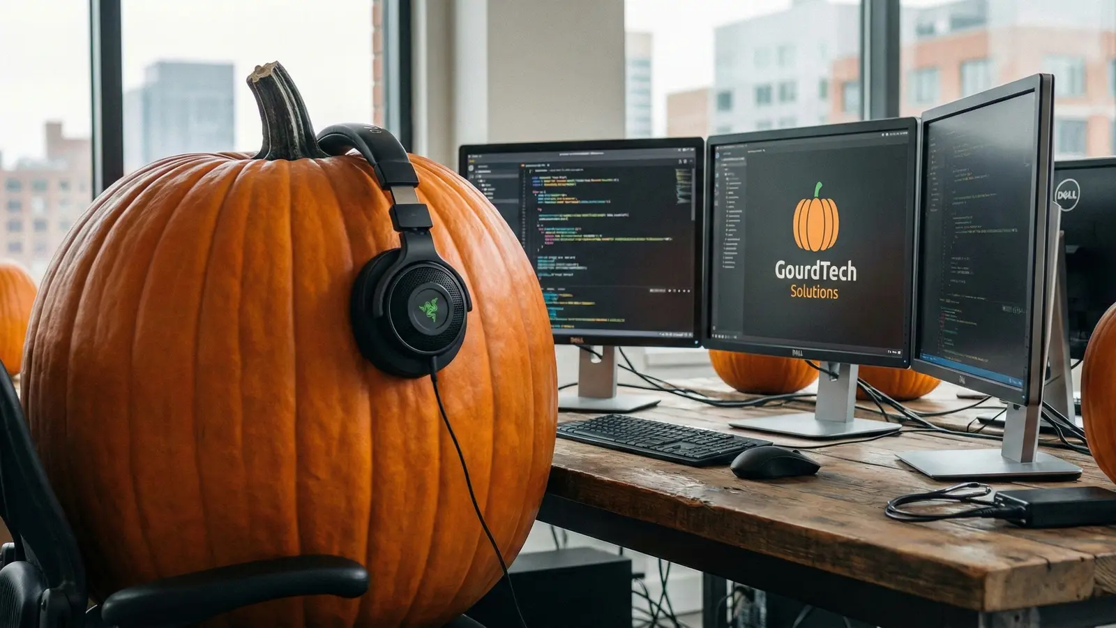 The Pumpkins software studio workspace with code visible on desktop displays