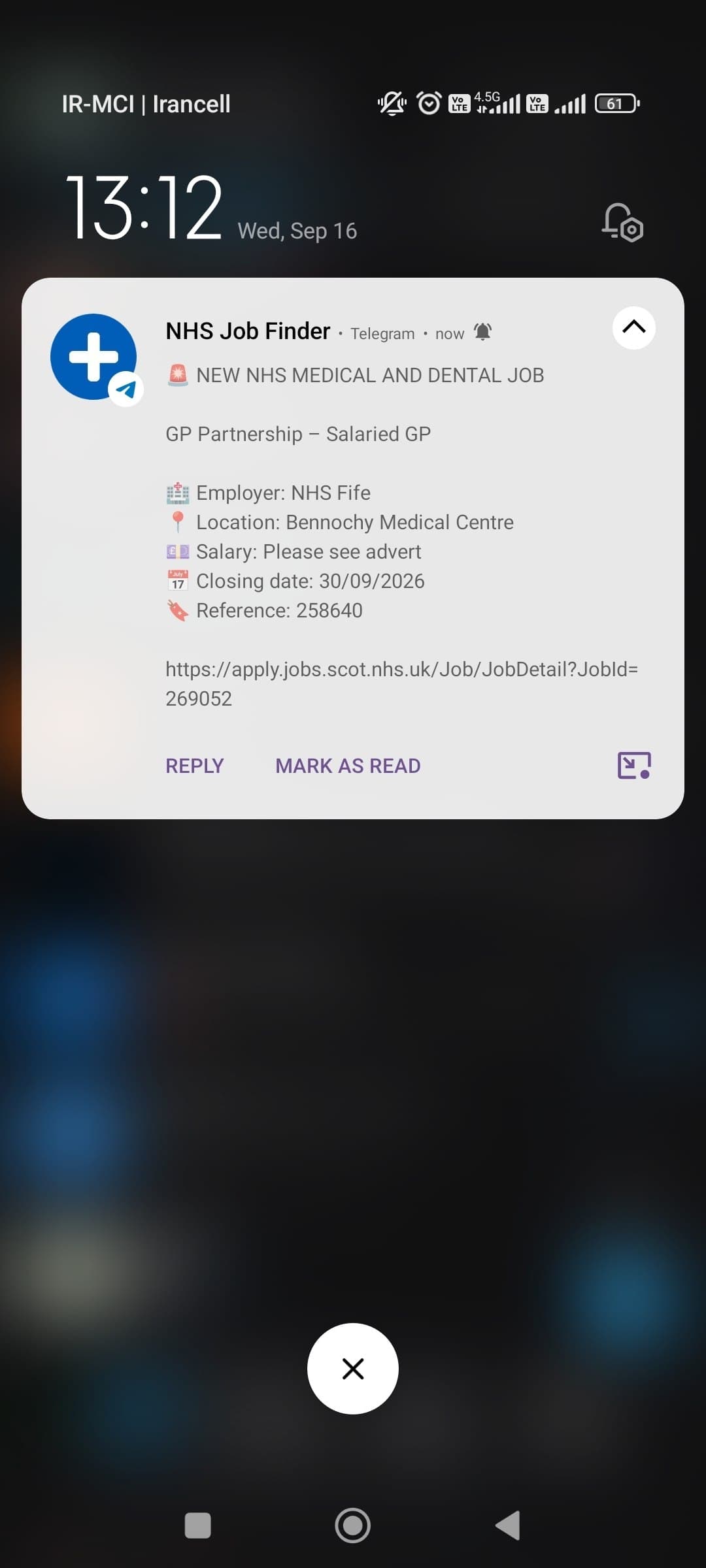 A Telegram lock-screen notification announcing a new NHS Medical and Dental job posting